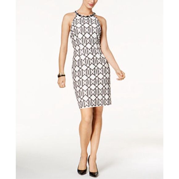 NINE WEST white and black Beaded Geo-Print Dress size 16 - Picture 1 of 12